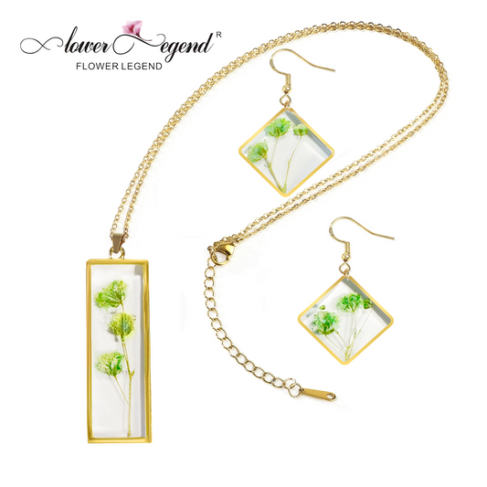 2 in1 Handmade Sterling Silver Pressed Flower Jewelry Gift Sets Forget-Me-Not Square | Green