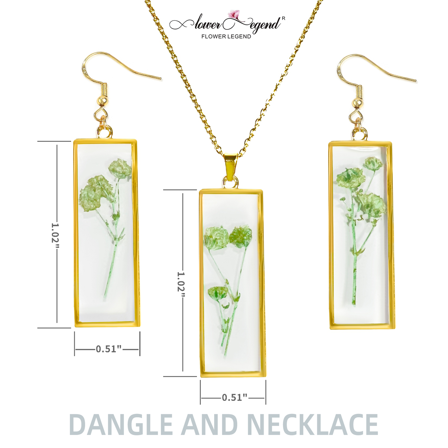 2 in1 Handmade Sterling Silver Pressed Flower Jewelry Gift Sets Forget-Me-Not Rectangle | Green