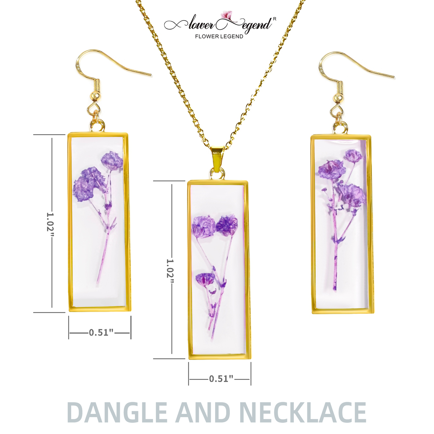 2 in1 Handmade Sterling Silver Pressed Flower Jewelry Gift Sets Forget-Me-Not Rectangle | Purple