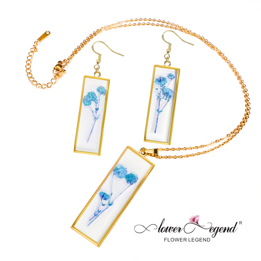 2 in1 Handmade Sterling Silver Pressed Flower Jewelry Gift Sets Forget-Me-Not Rectangle | Blue