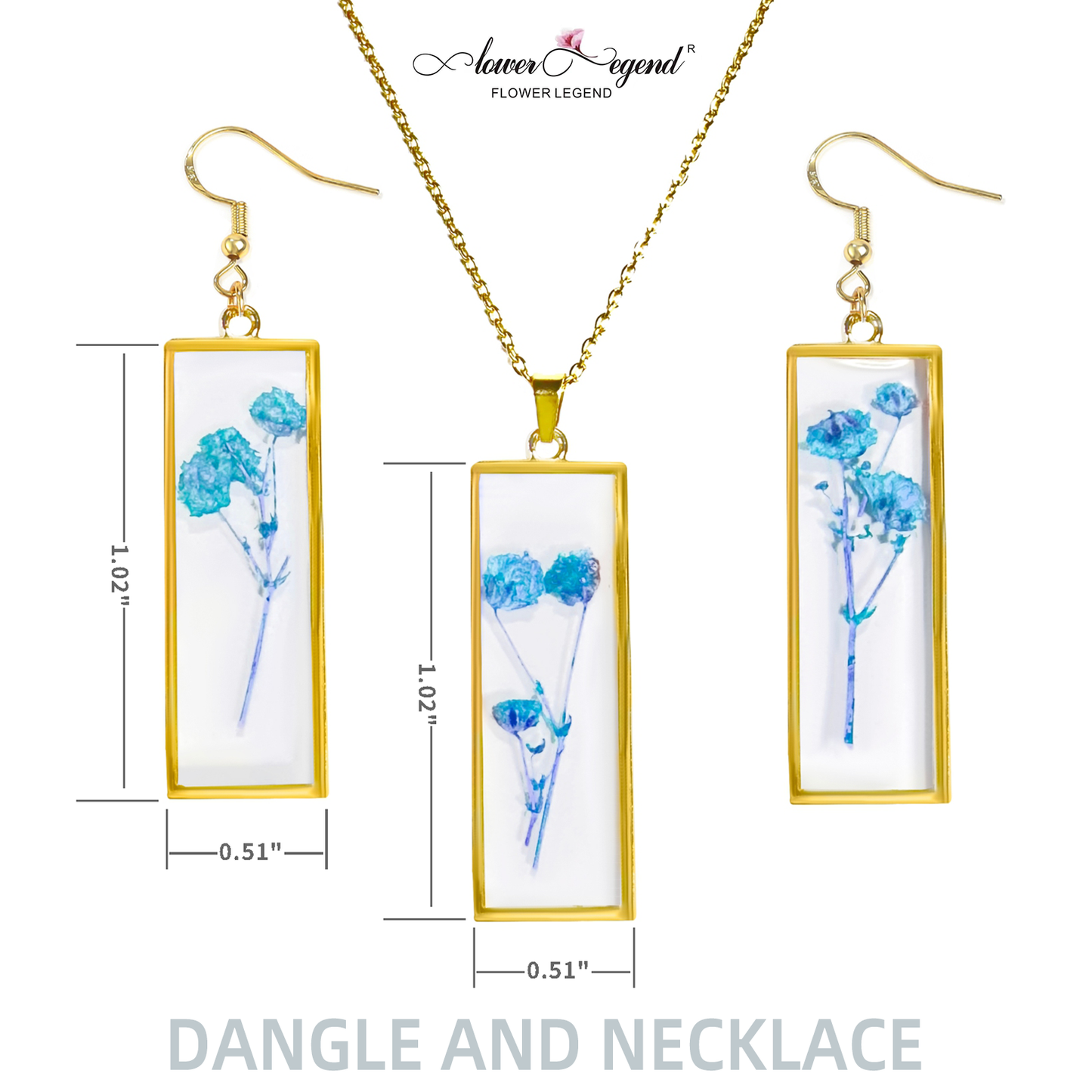 2 in1 Handmade Sterling Silver Pressed Flower Jewelry Gift Sets Forget-Me-Not Rectangle | Blue